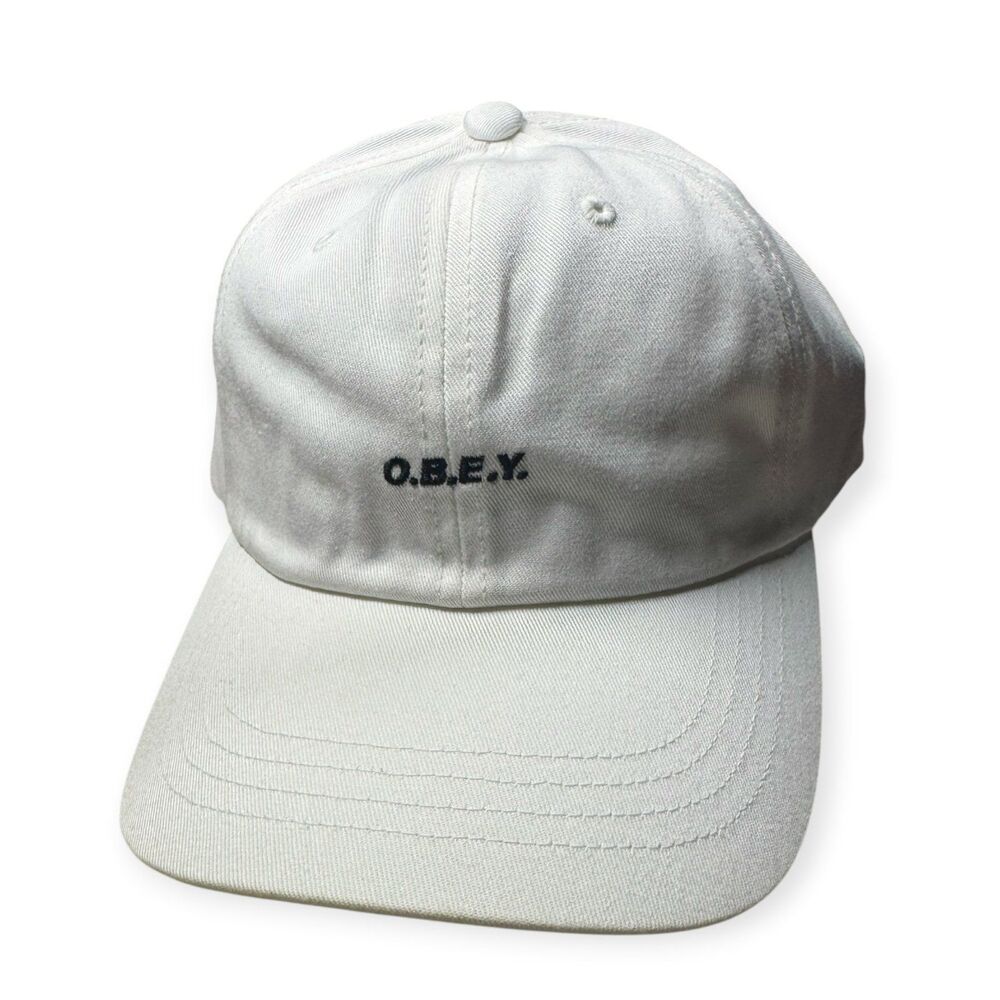 OBEY Logo White Embroidered Hat Adjustable Baseball Hat Cap One Size